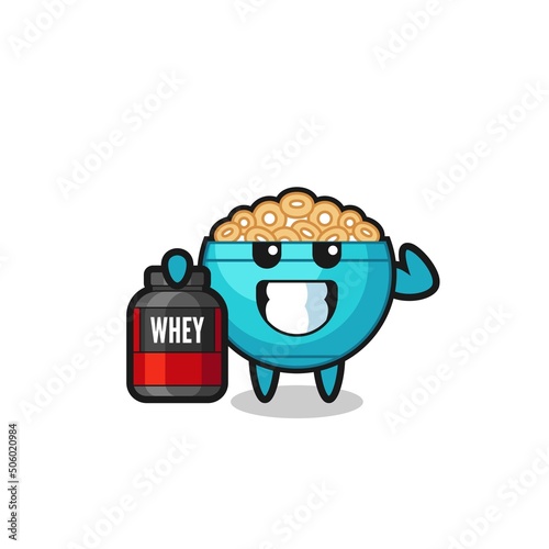 the muscular cereal bowl character is holding a protein supplement