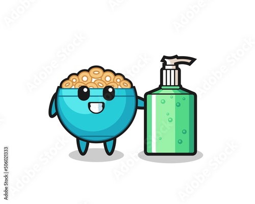 cute cereal bowl cartoon with hand sanitizer