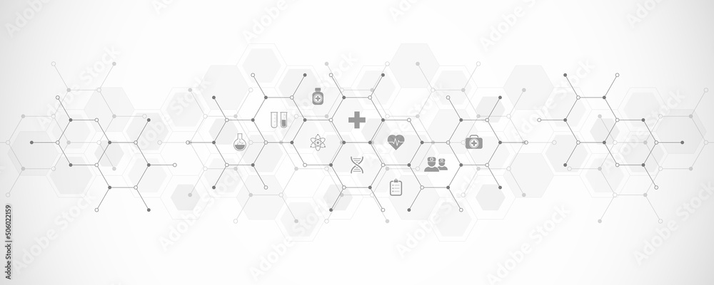 Medical background and healthcare technology with flat icons and symbols. Design template of concept and idea for health care business, innovation medicine, health safety, science. Vector illustration