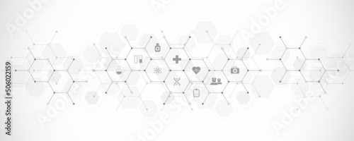Medical background and healthcare technology with flat icons and symbols. Design template of concept and idea for health care business, innovation medicine, health safety, science. Vector illustration
