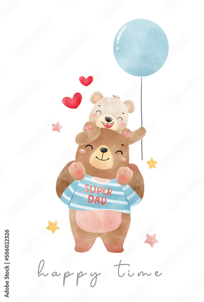 cute childhood with father, happy dad bear with kid teddy on father shoulder with balloons, father's day watercolor animal cartoon hand drawn vector cute childhood with father, happy dad bear with kid teddy on father shoulder with balloons, father's day watercolor animal cartoon hand drawn vector