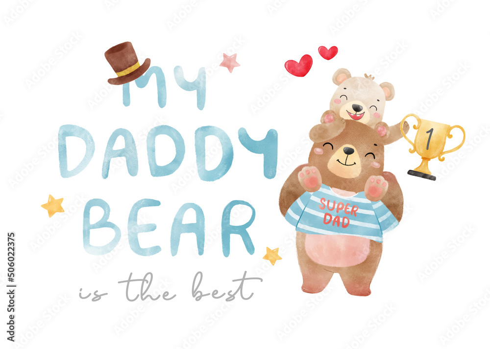 Cute adorable happy smile teddy bear dad carrying baby bear with throphy, best dad ever watercolor cartoon animal hand drawn vector father's day banner illustration, greeting card idea