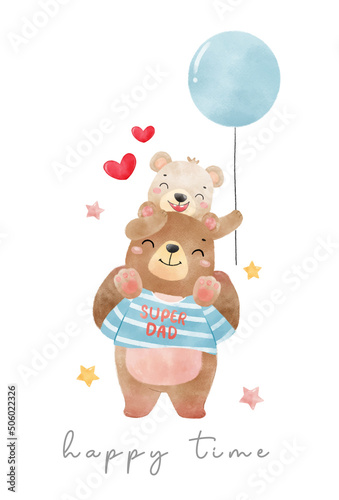 cute childhood with father, happy dad bear with kid teddy on father shoulder with balloons, father's day watercolor animal cartoon hand drawn vector