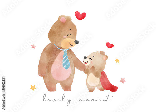 cute  father's day,  baby childhood with father, happy dad bear with smile baby teddy bear, happy moment watercolor animal cartoon hand drawn vector