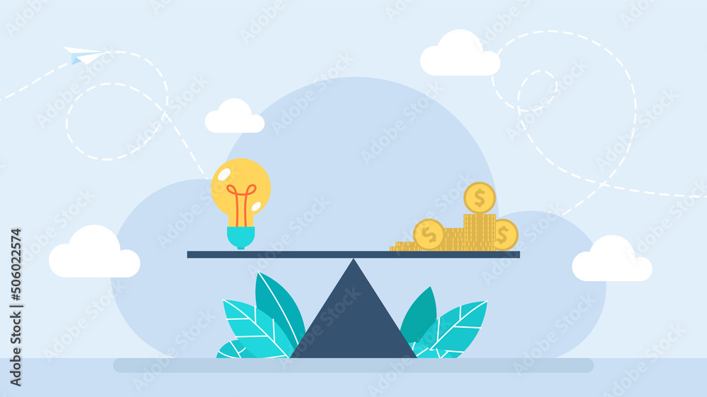 Ideas and money on the scale. Decent pay for creative work. Lightbulb ideas and money balance on the scale. Value of idea. Business concept. Flat style. Vector illustration. 