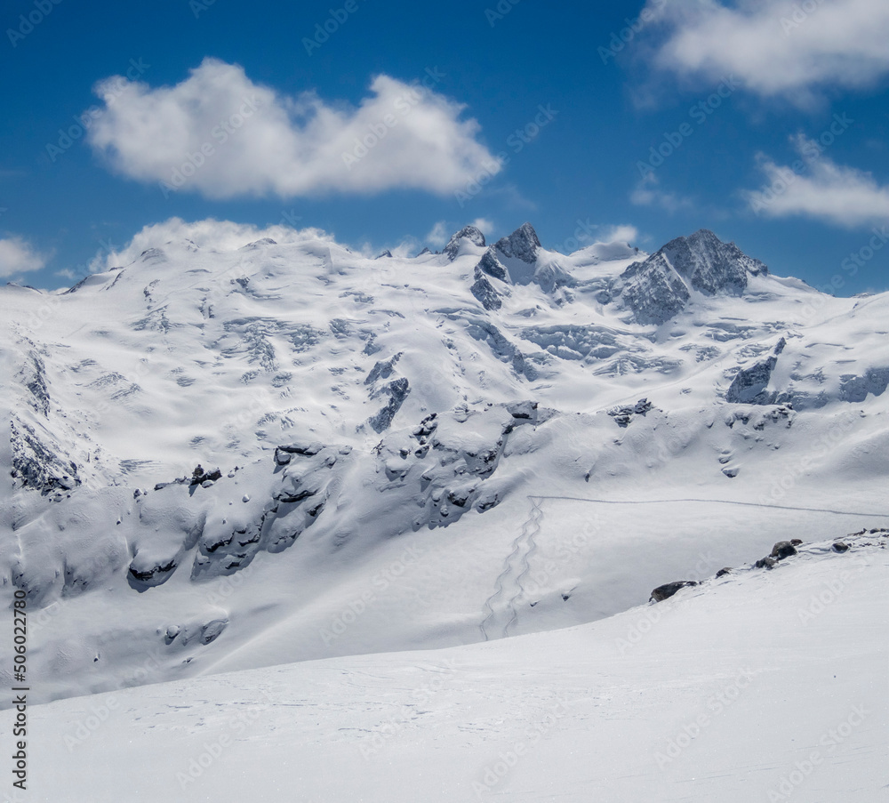 Alpine summits, and glaciers in the skiing area of Piz Corvatsch