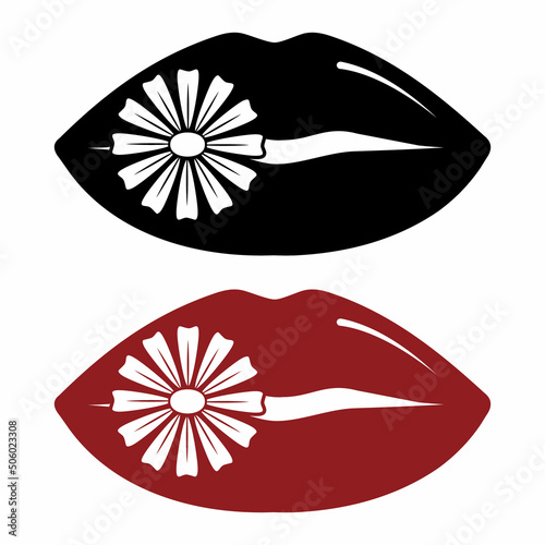 women's lips with chamomile. stencil icon, doodle. Vector illustration of sexy woman's lips. Smile, kiss