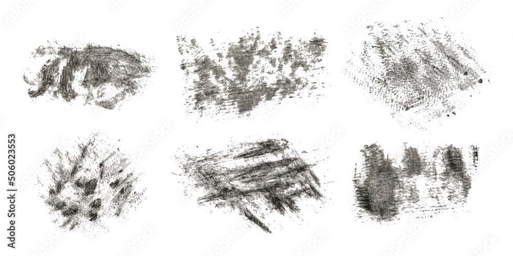 A set of graphic brushes. Dense grunge vector texture. Separate on a white background. Scratches, paint stains, smears. Ink. Vintage effect.
