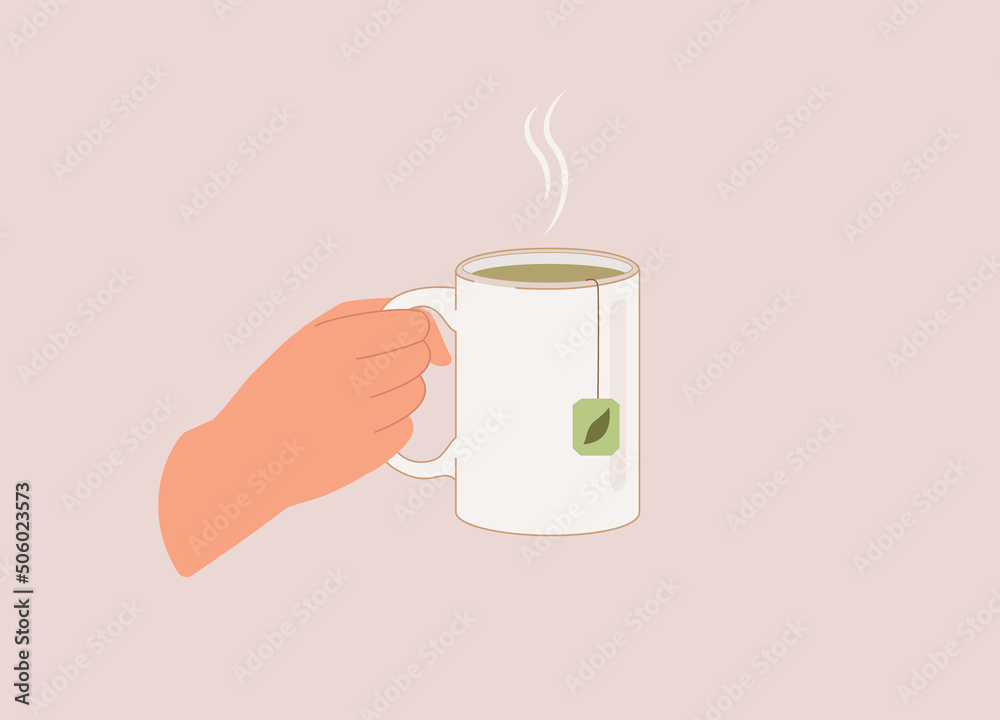 One Person's Hand Holding A Cup Of Hot Green Tea With Tea Bag Label Placing Outside The Mug. Close-Up. Flat Design, Character, Cartoon. One Person's Hand Holding A Cup Of Hot Green Tea With Tea Bag Label Placing Outside The Mug. Close-Up. Flat Design, Character, Cartoon.