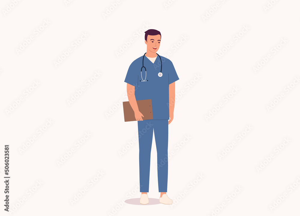 One Smiling Male Nurse With Medical Scrubs Uniform And Stethoscope Holding A Clipboard. Full Length. Flat Design, Character, Cartoon. One Smiling Male Nurse With Medical Scrubs Uniform And Stethoscope Holding A Clipboard. Full Length. Flat Design, Character, Cartoon.