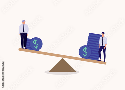 Concept Of Age Discrimination In Workplace. Older Employee Being Paid Less Than The Younger Colleague With Similar Duties. Full Length. Flat Design, Character, Cartoon.