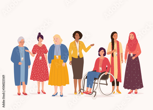 Diverse Group Of Female Participants Having Breakout Session During A Women's Conference. Full Length. Flat Design, Character, Cartoon.