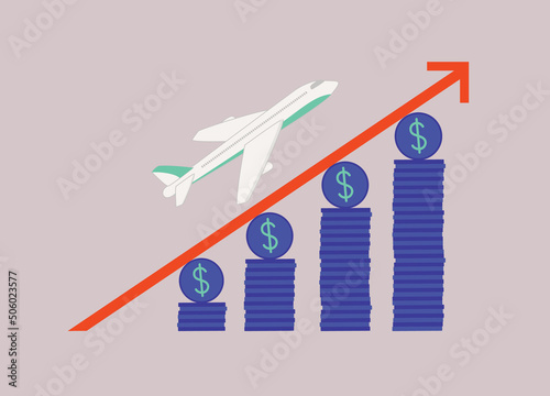 Concept Of Airfares Rising. Airplane Flying Up A Steep Arrow Towards Higher Stacks Of Coins. Isolated, Flat Design, Cartoon.