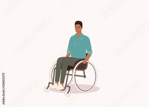 One Smiling Black Young Man In Green Shirt And Dark Green Pants Sitting In A Wheelchair. Full Length. Flat Design, Character, Cartoon.