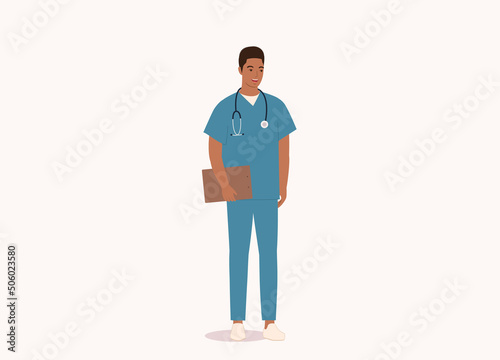 One Smiling Black Male Nurse With Medical Scrubs Uniform And Stethoscope Holding A Clipboard. Full Length. Flat Design, Character, Cartoon.