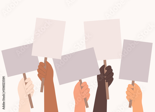 Diverse Group Of Human’s Hands Holding Empty Placards And Banners. Flat Design, Character, Cartoon.