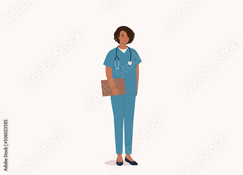One Smiling Black Female Nurse With Medical Scrubs Uniform And Stethoscope Holding A Clipboard. Full Length. Flat Design, Character, Cartoon.