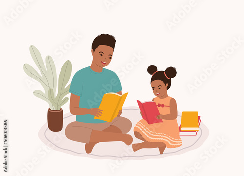 Smiling Black Boy And Girl Sitting On Carpet Floor Reading Book Together. Full Length. Flat Design, Character, Cartoon.