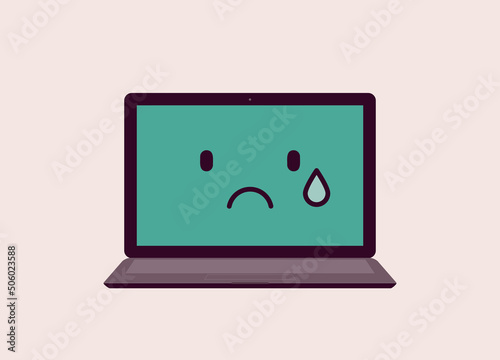 Laptop Screen With Sad Face Emoji. Concept Of Workplace Anxiety. Isolated, Flat Design, Cartoon.