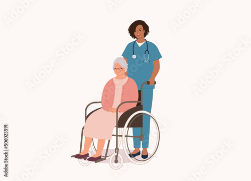 Smiling Black Female Nurse Pushing Wheelchair With Disabled White Senior Woman. Full Length. Flat Design, Character, Cartoon.