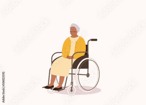 One Smiling Black Senior Woman In Yellow Cardigan And Dress Sitting In A Wheelchair. Full Length. Flat Design, Character, Cartoon.