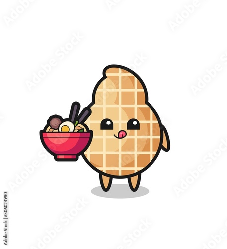 cute peanut character eating noodles