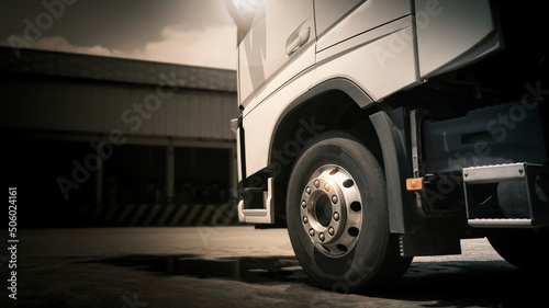 Semi Trucks Parked at The Warehouse. Diesel Trucks. Lorry Tractor. Industry Freight Trucks Logistics Cargo Transport. 