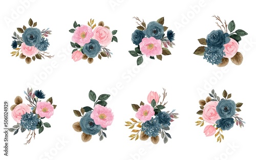 Set of Blue And Pink Watercolor Floral Bouquet © Kuma