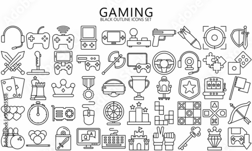 Simple Set of Games outline Icons. Contains such Icons as Joystick, Console, Virtual Reality, genres and attributes. Used for web, UI,UX kit and applications. vector eps 10 ready convert to SVG