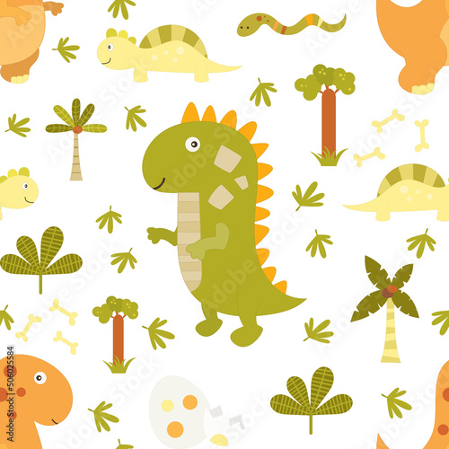 Dinosaur Seamless pattern - cute dinosaurs  tropical plants  palm tree  eggs on jungle background. Vector kids illustration for nursery design. Dino pattern for baby clothes  wrapping paper.