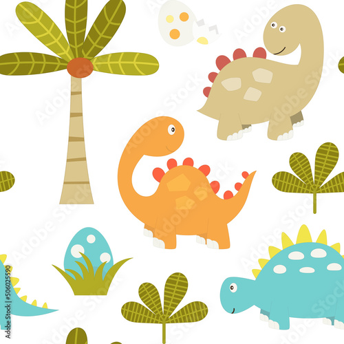 Dinosaur Seamless pattern - cute dinosaurs  coconut palm tree  egg on white background. Vector kids illustration for nursery design. Dino pattern for baby clothes  wrapping paper.