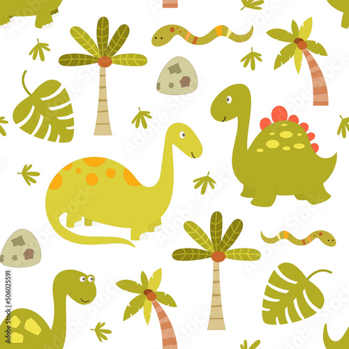 Dinosaur Seamless pattern - cute dinosaurs, coconut palm tree, green snake on white background. Vector kids illustration for nursery design. Dino pattern for baby clothes, wrapping paper.