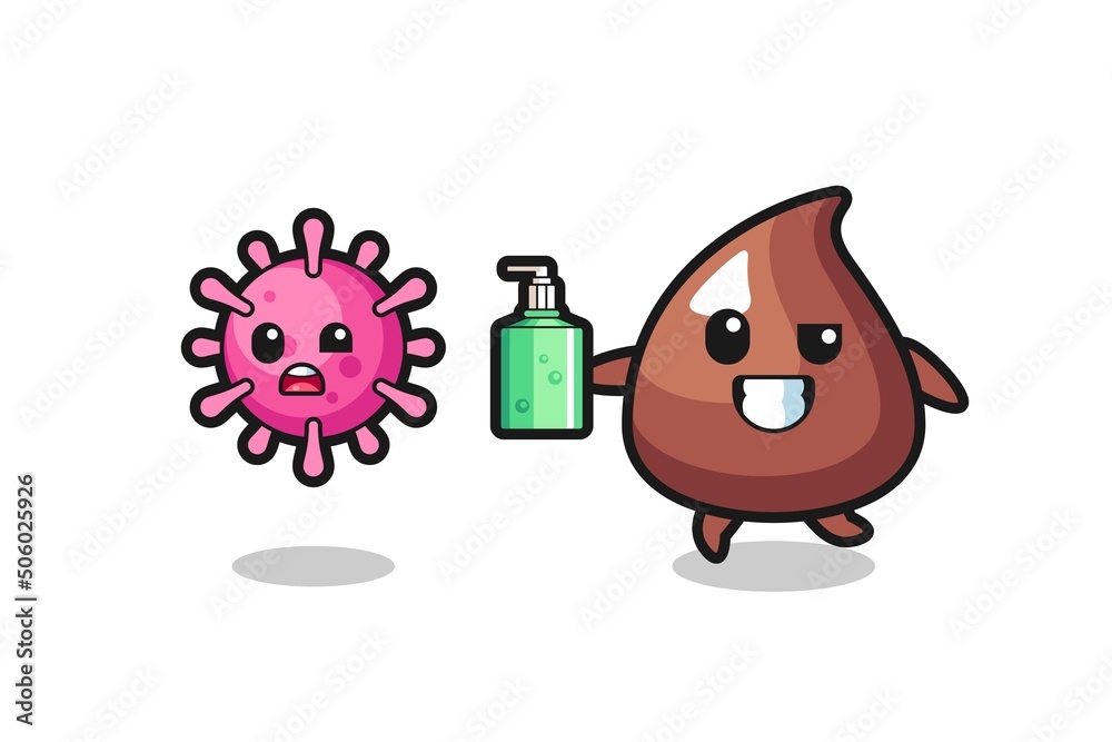 Fototapeta premium illustration of choco chip character chasing evil virus with hand sanitizer