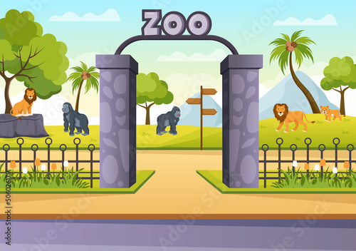 Zoo Cartoon Illustration with Safari Animals Elephant, Giraffe, Lion, Monkey, Panda, Zebra and Visitors on Territory on Forest Background
