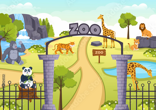 Zoo Cartoon Illustration with Safari Animals Elephant, Giraffe, Lion, Monkey, Panda, Zebra and Visitors on Territory on Forest Background