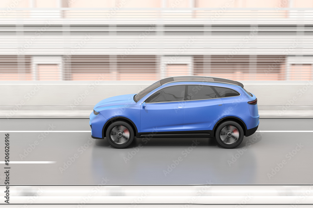 Side view of blue electric SUV driving on the highway. 3D rendering image.