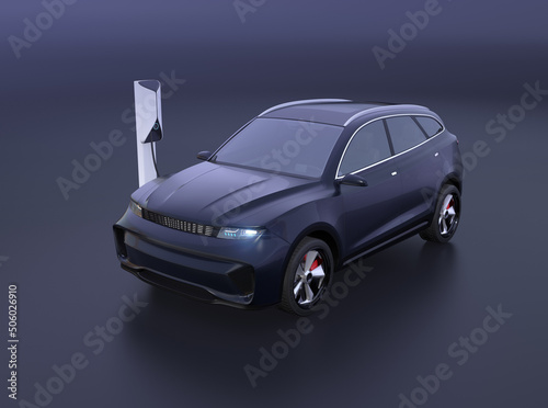 Electric SUV charging at charging station. Black background. 3D rendering image.