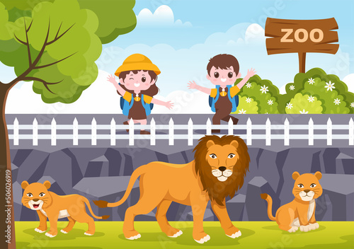 Zoo Cartoon Illustration with Safari Animals Lion  Tiger  Cage and Visitors on Territory on Forest Background Design
