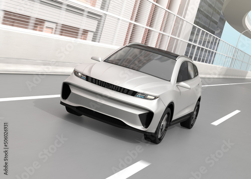 Silver electric SUV driving on the highway. 3D rendering image.