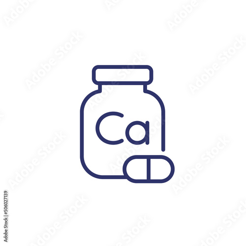 calcium supplement line icon, bottle and capsules