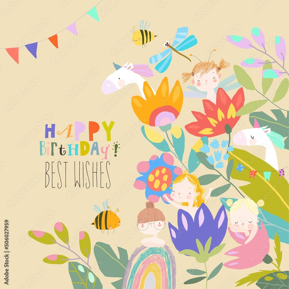 Cartoon Birthday Card with Summer Flowers, Cute Fairies and Unicorns