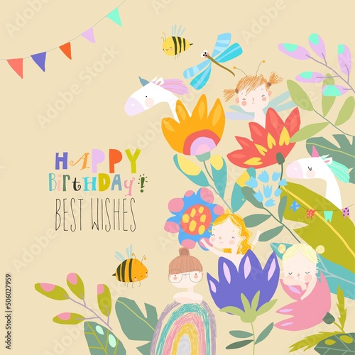 Cartoon Birthday Card with Summer Flowers  Cute Fairies and Unicorns