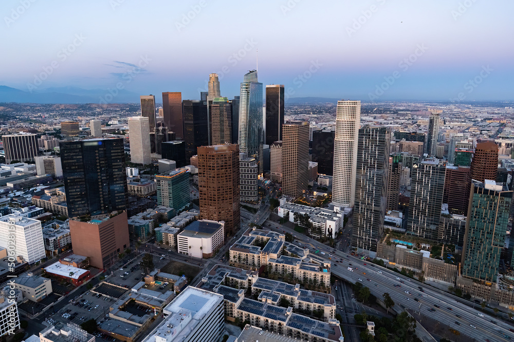 The downtown Los Angeles California and the city traffic at dusk
