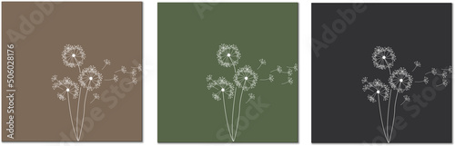 A set of dandelion background, minimal design of green, black and brown. Wall art , home deco, Invitations, postcards. flat style