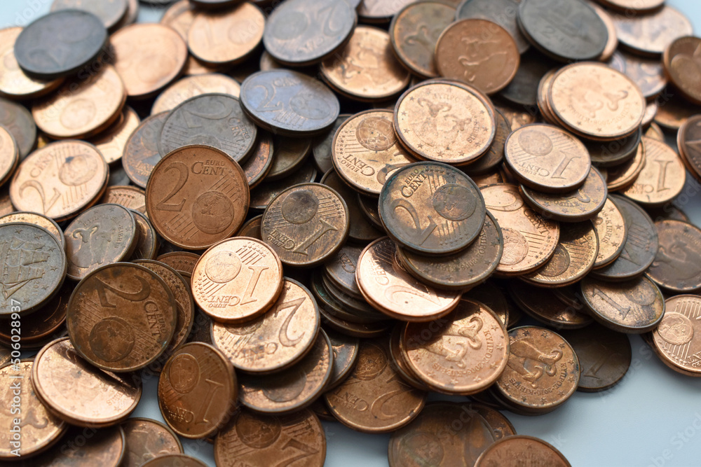Dirty euro cent coins on the table. Photo can be used for the concept of how to clean coins. Dirty euro cent coins on the table. Photo can be used for the concept of how to clean coins.