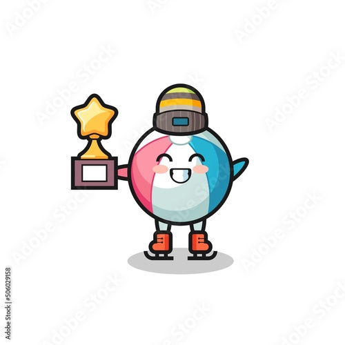 beach ball cartoon as an ice skating player hold winner trophy