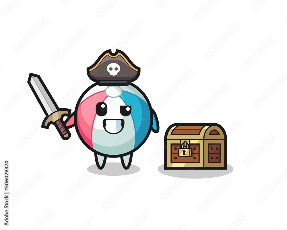 the beach ball pirate character holding sword beside a treasure box