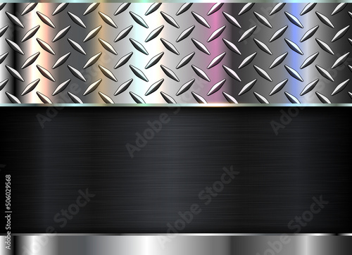 Silver polished steel texture background, shiny chrome metallic with diamond plate iridescence texture and dark brushed metal banner, 3d vector lustrous metal design.