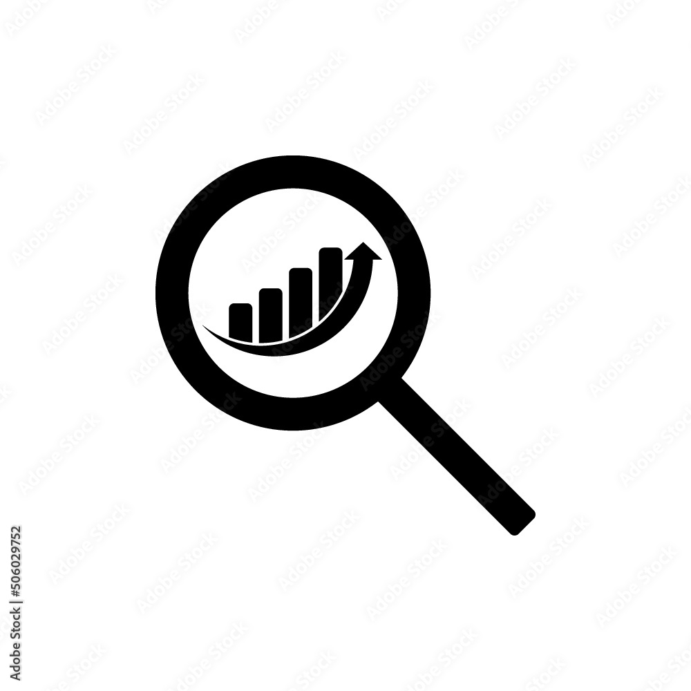 Audit analysis research icon. Magnifier glass inspecting growth graph chart isolated on white background Audit analysis research icon. Magnifier glass inspecting growth graph chart isolated on white background