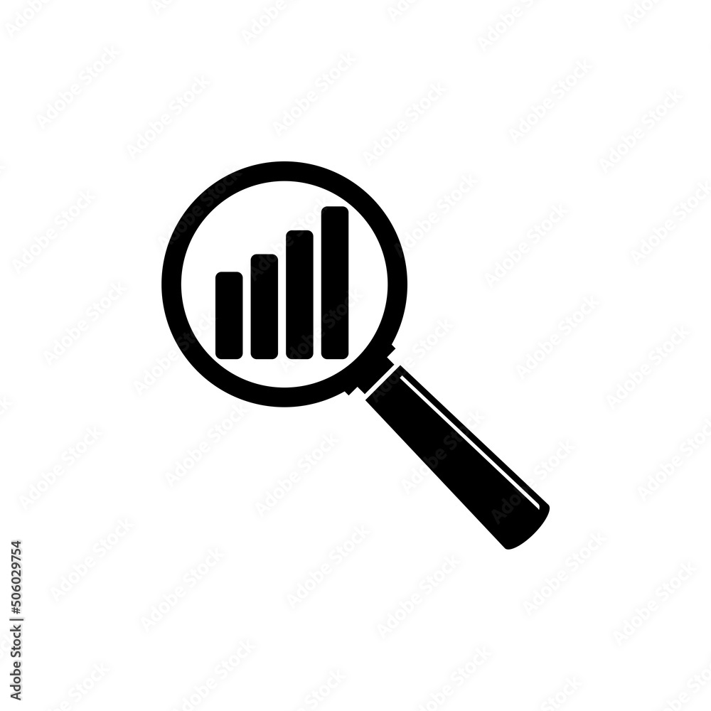Audit analysis research icon. Magnifier glass inspecting growth graph chart isolated on white background Audit analysis research icon. Magnifier glass inspecting growth graph chart isolated on white background